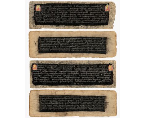 FOUR TIBETAN SUTRA PAGES WITH POLYCHROME ILLUMINATIONS, 13TH-14TH CENTURY 十三至十四世紀四頁西藏彩繪佛經Please note this Lot is to be sold a