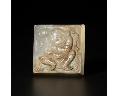 A JADE ‘MUSICIAN’ BELT PLAQUE, TANG DYNASTY 唐代樂俑紋玉帶牌Please note this Lot is to be sold at No Reserve. 本拍品不設底價China, 618-907. 