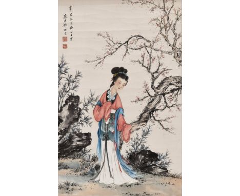 ‘BEAUTY IN A GARDEN, WEARING A TIAN-TSUI TIARA’, ZHENG MUKANG (1901-1982), DATED 1941 鄭慕康(1901-1982)《紅衣仕女圖》1941年  Please note