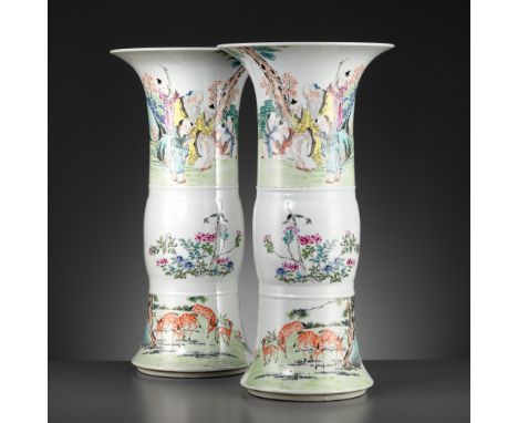 A PAIR OF QIANJIANG CAI BEAKER VASES, GU, JIANGXI PORCELAIN COMPANY 一對淺絳彩花觚Please note this Lot is to be sold at No Reserve. 