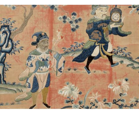 A SILK EMBROIDERED ‘MECHANICAL CLOCK TRIBUTE’ FRAGMENT, CHINA, 1680-1720 1680-1720年刺繡《外朝人物進貢鐘錶》殘片Please note this Lot is to b