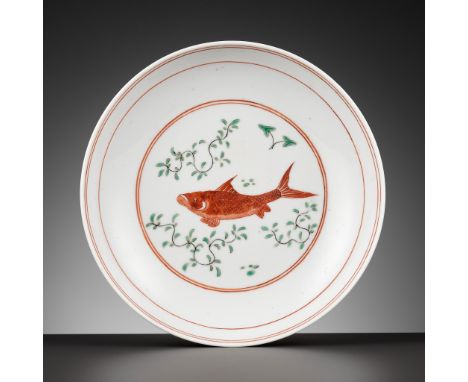 AN IRON-RED 'FIVE CARP' SAUCER DISH, KANGXI PERIOD 康熙礬紅釉魚藻紋小碟，若深珍藏款Please note this Lot is to be sold at No Reserve. 本拍品不設底價E