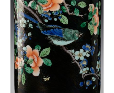 A FAMILLE NOIRE ‘MAGPIE AND PRUNUS’ BRUSHPOT, BITONG, QING DYNASTY 清代墨地喜上眉梢筆筒Please note this Lot is to be sold at No Reserve