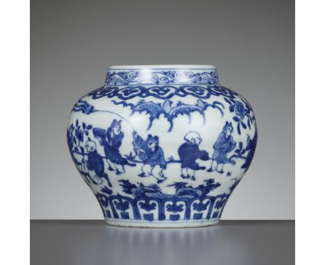 A BLUE AND WHITE ‘SCHOLARS AND BOYS’ JAR, GUAN, WANLI MARK AND PERIOD 萬曆款及年代青花人物場景罐Please note this Lot is to be sold at No R