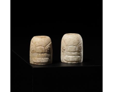 A PAIR OF JADE BEAD ORNAMENTS WITH GODHEAD MASKS, SHENREN, LIANGZHU CULTURE 良渚文化一對神人獸面玉珠Please note this Lot is to be sold at