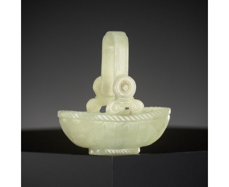 A YELLOW JADE CARVING OF A BASKET WITH MOVABLE HANDLE, CHINA, 18TH CENTURY 十八世紀玉雕花籃Please note this Lot is to be sold at No R
