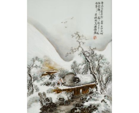 A FAMILLE ROSE AND GRISAILLE-ENAMELED ‘WINTER LANDSCAPE’ POEM PLAQUE, REPUBLIC PERIOD 民國墨彩《冬景》詩文瓷板Please note this Lot is to 