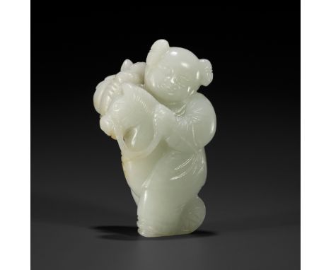 A PALE CELADON FIGURE OF A BOY WITH A HOBBY HORSE, 18TH CENTURY 十八世紀青白玉騎馬上任童子珮Please note this Lot is to be sold at No Reserv