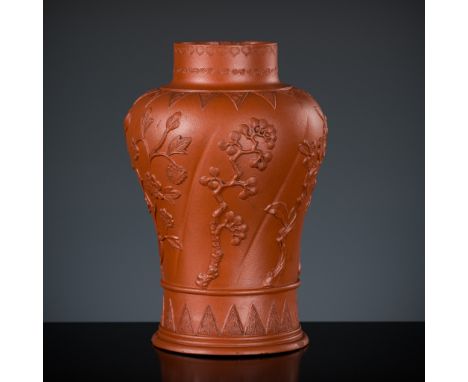 A YIXING RED STONEWARE VASE, BY CHEN ZIWEN, FIRST HALF OF 18TH CENTURY 十八世紀上半葉宜興紫砂瓶，陳子文款  Please note this Lot is to be sold 