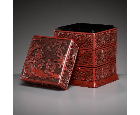 A CINNABAR LACQUER THREE-TIERED BOX AND COVER, LATE YUAN TO MID-MING DYNASTY 元末至明代中期剔紅纏枝花卉三層方盒Please note this Lot is to be s