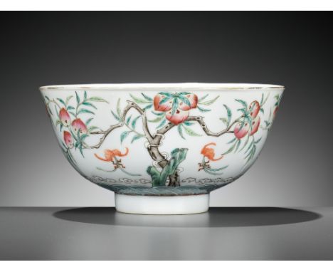 A FAMILLE ROSE 'BATS AND PEACHES’ BOWL, GUANGXU MARK AND PERIOD 光緒款及年代粉彩福壽連綿碗Please note this Lot is to be sold at No Reserve