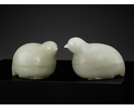 AN EXCEPTIONAL PAIR OF WHITE JADE ‘QUAIL’ BOXES AND COVERS, QIANLONG PERIOD, 1736-1795 乾隆時期一對白玉鵪鶉蓋盒Please note this Lot is to