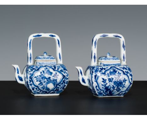 A RARE PAIR OF BLUE AND WHITE MINIATURE TEAPOTS AND COVERS, KANGXI PERIOD 康熙時期一對青花小茶壺Please note this Lot is to be sold at No