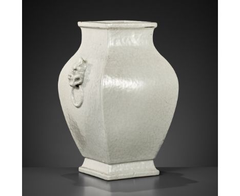 A GUAN-TYPE VASE, FANG HU, YONGZHENG MARK AND PERIOD │ 雍正款及年代仿官釉螭龍啣環輔首方壺Please note this Lot is to be sold at No Reserve. 本拍品