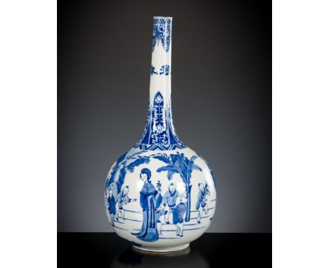 A LARGE BLUE AND WHITE ‘PLAYING DISCIPLES’ BOTTLE VASE, CHINA, 18th - 19th CENTURY 十八世紀至十九世紀青花童戲瓶Please note this Lot is to b