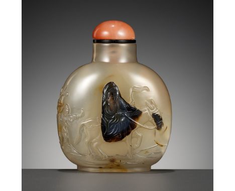 A CAMEO AGATE ‘HUANG CHENGYAN’ SNUFF BOTTLE, ATTRIBUTED TO THE CAMEO INK-PLAY MASTER, OFFICIAL SCHOOL, POSSIBLY IMPERIALPleas