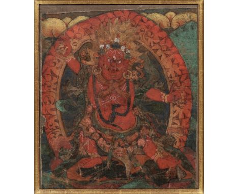 A THANGKA FRAGMENT DEPICTING VAJRAPANI, TIBET, 16TH-17TH CENTURY 西藏十六至十七世紀金剛手菩薩唐卡Please note this Lot is to be sold at No Res