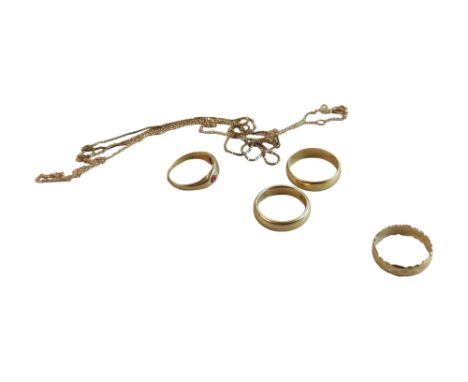 2 X 18 CARAT GOLD WEDDING BANDS 10.74 GRAMS, 9 CARAT GOLD RING 2.41 GRAMS, AN 18 CARAT GOLD RUBY &amp; DIAMOND RING (MISSING 
