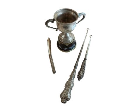 SILVER TROPHY &amp; 2 BUTTON HOOKS &amp; PAPER KNIFE 