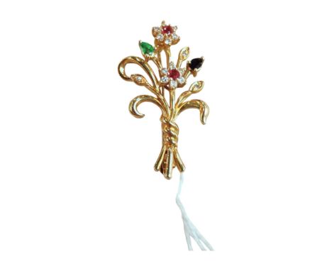 18 CARAT GOLD BROOCH SET WITH RUBY, SAPPHIRE, EMERALD &amp; DIAMOND - CIRCA 6.14 GRAMS 