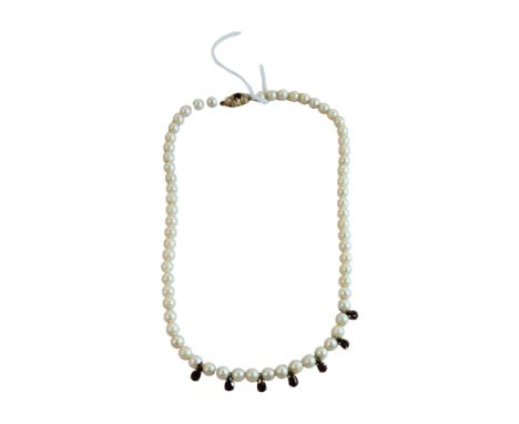 PEARL NECKLACE WITH 9 CARAT GOLD CATCH SET WITH GARNET &amp; SEED PEARL &amp; ADDITIONAL GOLD &amp; GARNET SPACERS 