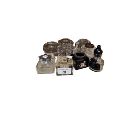 SHELF LOT OF OLD GLASS INKWELLS