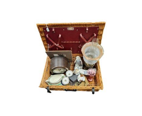 PICNIC BASKET TO INCLUDE NAO, OIL LAMP AND CLOCK ETC 
