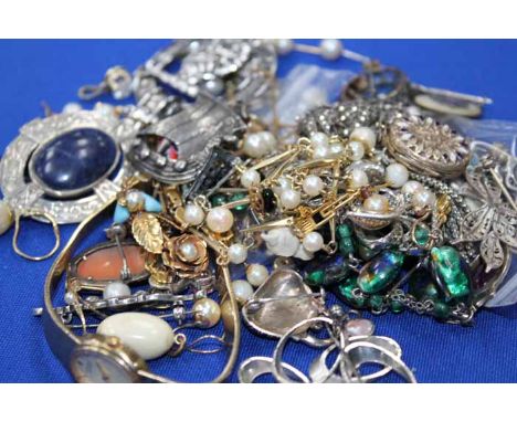 COLLECTION OF COSTUME JEWELLERY INCLUDING SILVER
including a silver and enamel locket, a silver cameo brooch, necklaces, earr