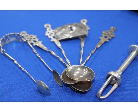 COLLECTION OF SILVER AND WHITE METAL ITEMS
including spoons, tongs, a silver buckle and an unusual silver and enamel set of t