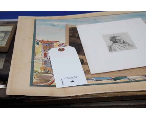 SELECTION OF PRINTS, PICTURES AND ETCHINGS
including loose etchings, a framed print of people praying, an ink sketch of a soc