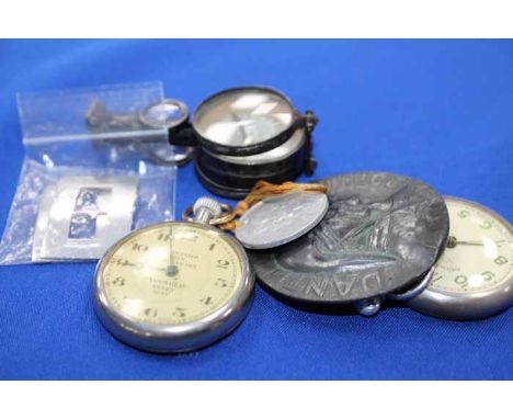 RAILWAY TIMEKEEPER POCKET WATCH AND A SILVER BUCKLE
together with another pocket watch, a compass, etc 