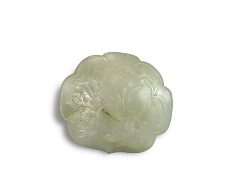 A Lobed Celadon Jade Plaque with Peaches, 19th century, good condition, W:7.3cm.A Lobed Celadon Jade Plaque with Peaches, 19t
