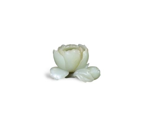 A Pale Celadon Jade Peony Waterpot, 18/19th century,  well carved with the the main bloom opening to form the waterpot, suppo