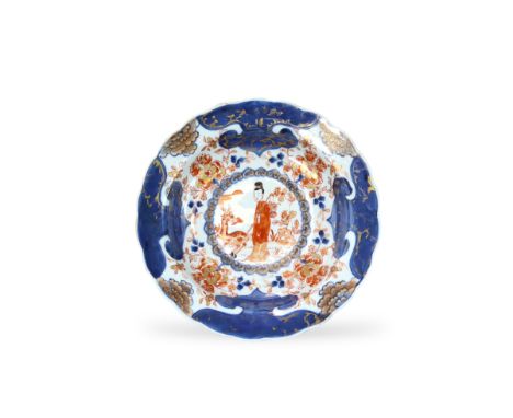 A Magu and Deer Basin, Kangxi/Yongzheng,  well decorated in iron red, with strong gilding and rich underglaze blue, with a ce