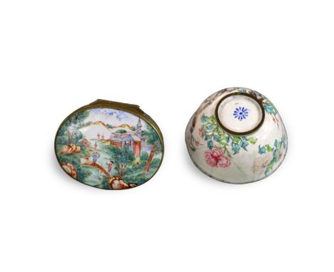 Canton Enamel: a Snuffbox and Cover and a Winecup, Qianlong,  the oval snuffbox mounted in gilt metal with hinged domed lid e