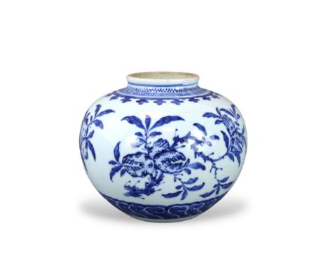 A Good Blue and White 'san duo' Jar, Kangxi or Yongzheng,  well painted around the compressed globular body in early Ming sty