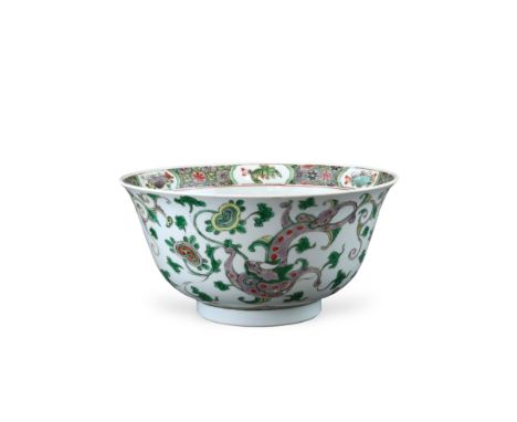 A 'famille verte' Chilong Bowl,Kangxi, the rounded sides finely painted on the exterior with three archaic dragons, in yellow