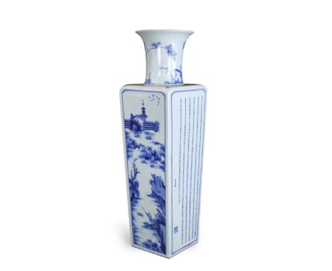 A Blue and White 'Red Cliff' Vase, Kangxi of rouleau form and square section, the rectangular sides well painted on two sides