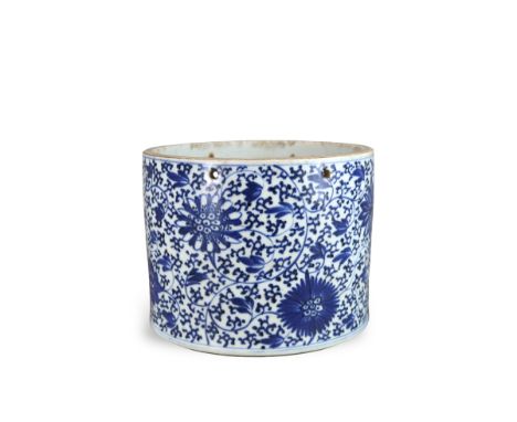 A Blue and White Cylindrical Vessel, Kangxi, possibly a Brushpot, the exterior finely pencilled in deep cobalt tones with a c