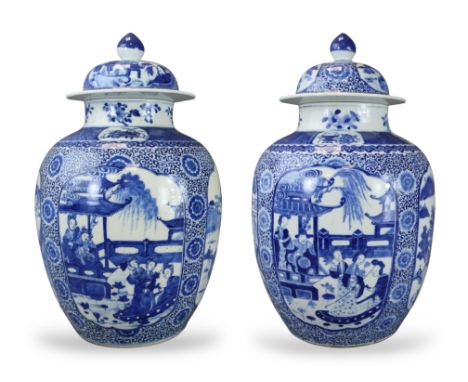 of ovoid form, decorated in good blue around the sides with four oval panels, two of a monarch in a boat, probably Ming Huang