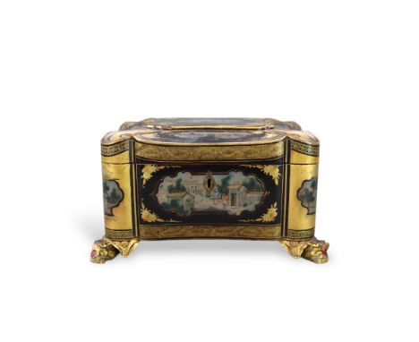 A Chinese Export Gilt Lacquer Caddy, 19th century,  of shaped rectangular section,  standing on dragon feet, the hinged lid w