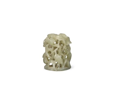 A Good Pale Celadon Jade Hat Finial, Yuan/Ming dynasty, finely carved in deep openwork with cranes among autumn lotus, on an 