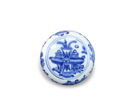 A Good Blue and White Box and Cover, Kangxi, of flat circular form, well painted in good blue on the lid with precious object