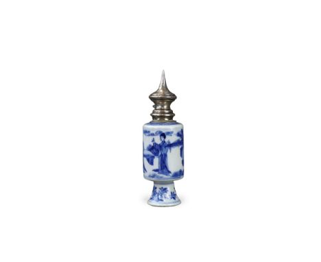 A Blue and White Vase with Ladies, Kangxi,  with Dutch 19th century silver mount, the small soft paste vase of cylindrical fo