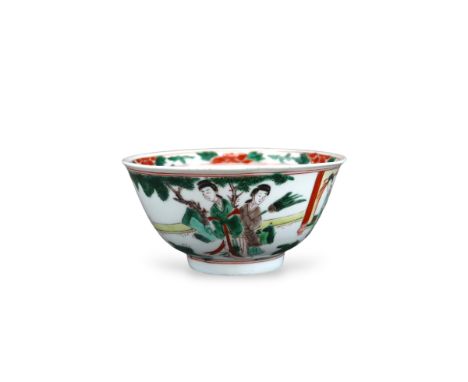 A Wucai Bowl with Ladies, early Kangxi, the rounded sides finely enamelled on the exterior with a continuous scene of ladies 
