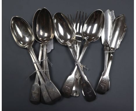 Five George III silver fiddle pattern table spoons, London, 1814 two pairs of Victorian butter knives, two table spoons and t