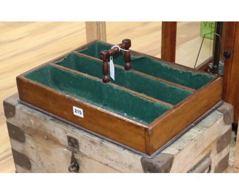 A mahogany cutlery tray and a pine metal bound trunk
