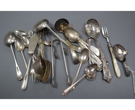 A small group of mixed silver flatware including two 19th century caddy spoons.