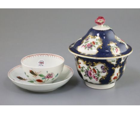 A Worcester sugar bowl and cover and an Astley/Harvest bug tea bowl and saucer, c.1770-5, the scale blue bowl and cover paint