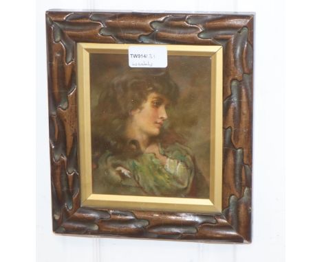 J* M* P*, Head and shoulder portrait of a young lady wearing a green dress, oil on board, indistinctly signed lower left, 14.